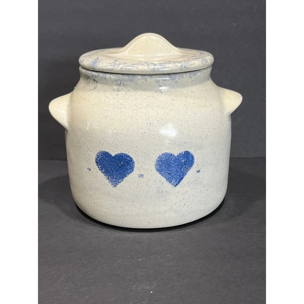 Vintage Stoneware Bean Pot Crock with Lid Blue Hearts Sponged Cream Ceramic
